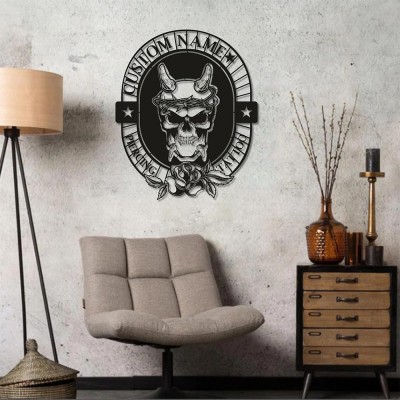 Kişiye Özel İsimli ve Kafatası Temalı Dövme Tabelası – Metal Duvar Dekoru, Dövme Sanatçısına Hediye, Dövme Stüdyosu Süsü, Stüdyo Tabelası